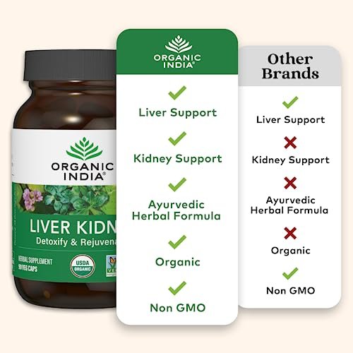 ORGANIC INDIA Leber-Nieren-Kräuterergänzung – Entgiften & Regenerieren, Unterstützt gesunde Leber- und Nierenfunktion, Vegan, Glutenfrei, Koscher, USDA Bio, Non-GMO – 90 Kapseln