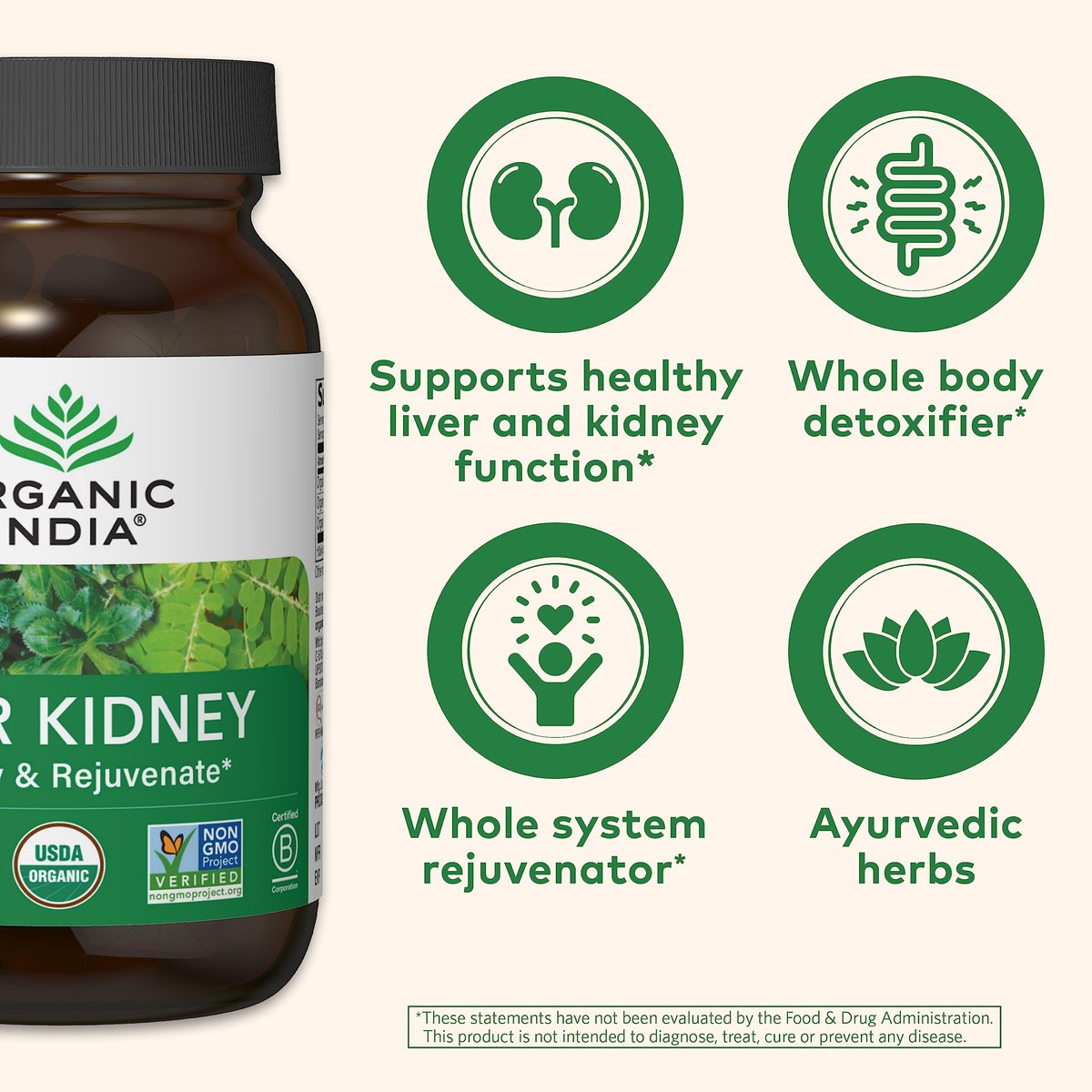 ORGANIC INDIA Leber-Nieren-Kräuterergänzung – Entgiften & Regenerieren, Unterstützt gesunde Leber- und Nierenfunktion, Vegan, Glutenfrei, Koscher, USDA Bio, Non-GMO – 90 Kapseln