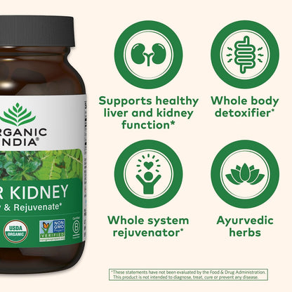 ORGANIC INDIA Leber-Nieren-Kräuterergänzung – Entgiften & Regenerieren, Unterstützt gesunde Leber- und Nierenfunktion, Vegan, Glutenfrei, Koscher, USDA Bio, Non-GMO – 90 Kapseln