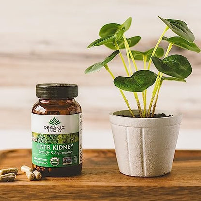 ORGANIC INDIA Leber-Nieren-Kräuterergänzung – Entgiften & Regenerieren, Unterstützt gesunde Leber- und Nierenfunktion, Vegan, Glutenfrei, Koscher, USDA Bio, Non-GMO – 90 Kapseln