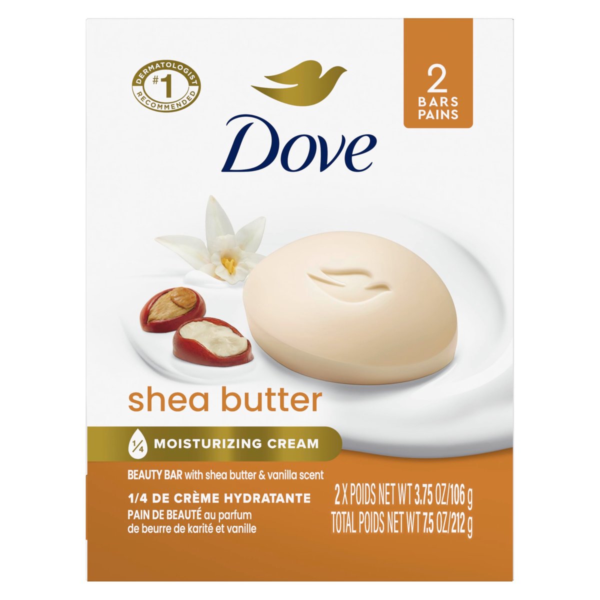 Dove Beauty Bar Shea Butter – Feuchtigkeitsspendende Gesichts- und Körperpflege, 2 x 106 g, mehr Feuchtigkeit als Seife