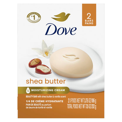 Dove Beauty Bar Shea Butter – Feuchtigkeitsspendende Gesichts- und Körperpflege, 2 x 106 g, mehr Feuchtigkeit als Seife