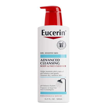 Eucerin Advanced Cleansing Body & Face Waschgel – Duft- und seifenfrei für trockene, empfindliche Haut – 500 ml Flasche