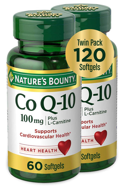 Nature's Bounty CoQ10 mit L-Carnitin, 100 mg, 120 Kapseln, Doppelpack – Nahrungsergänzungsmittel zur Unterstützung der Herzgesundheit