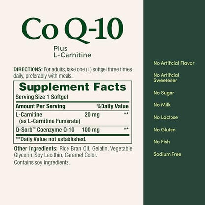 Nature's Bounty CoQ10 mit L-Carnitin, 100 mg, 120 Kapseln, Doppelpack – Nahrungsergänzungsmittel zur Unterstützung der Herzgesundheit