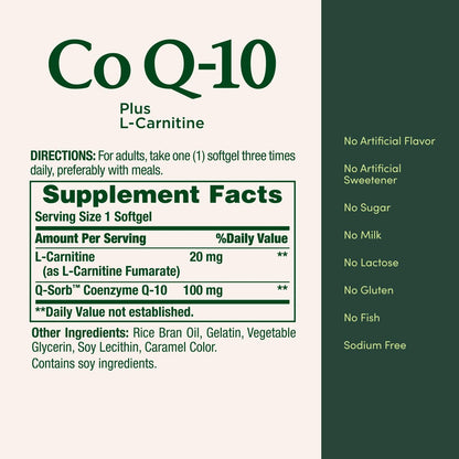 Nature's Bounty CoQ10 mit L-Carnitin, 100 mg, 120 Kapseln, Doppelpack – Nahrungsergänzungsmittel zur Unterstützung der Herzgesundheit