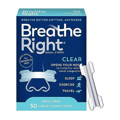 Breathe Right Nasal Strips, Clear Large, 30 Stück – gegen Schnarchen, verstopfte Nase, Allergien und Septumdeviation