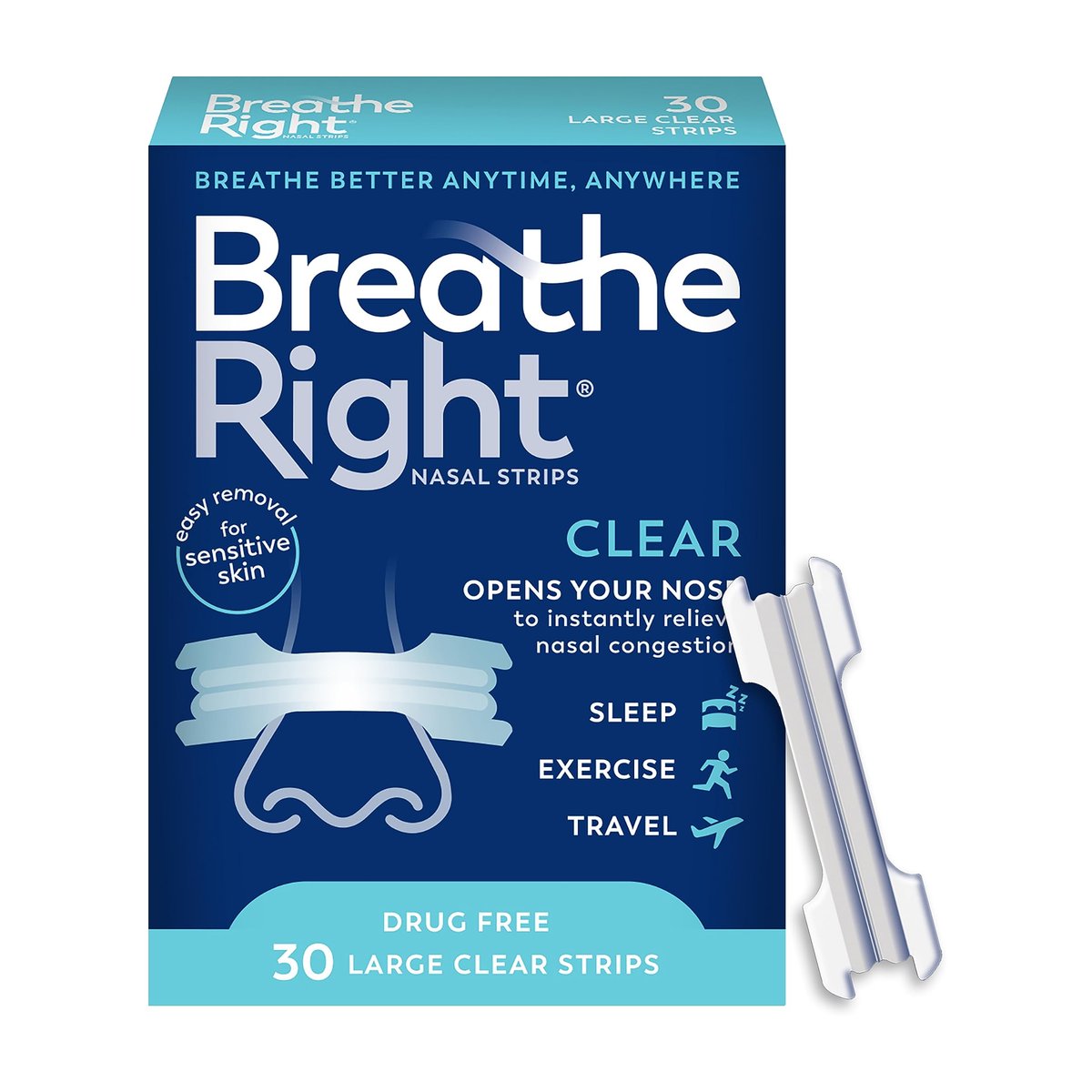 Breathe Right Nasal Strips, Clear Large, 30 Stück – gegen Schnarchen, verstopfte Nase, Allergien und Septumdeviation