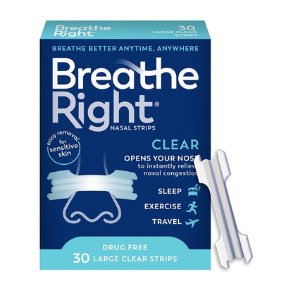 Breathe Right Nasal Strips, Clear Large, 30 Stück – gegen Schnarchen, verstopfte Nase, Allergien und Septumdeviation