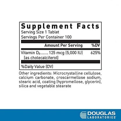 Douglas Laboratories Vitamin D 5.000 I.E. – 100 Tabletten zur Unterstützung des Immunsystems, des Kalziumspiegels und der Knochengesundheit*