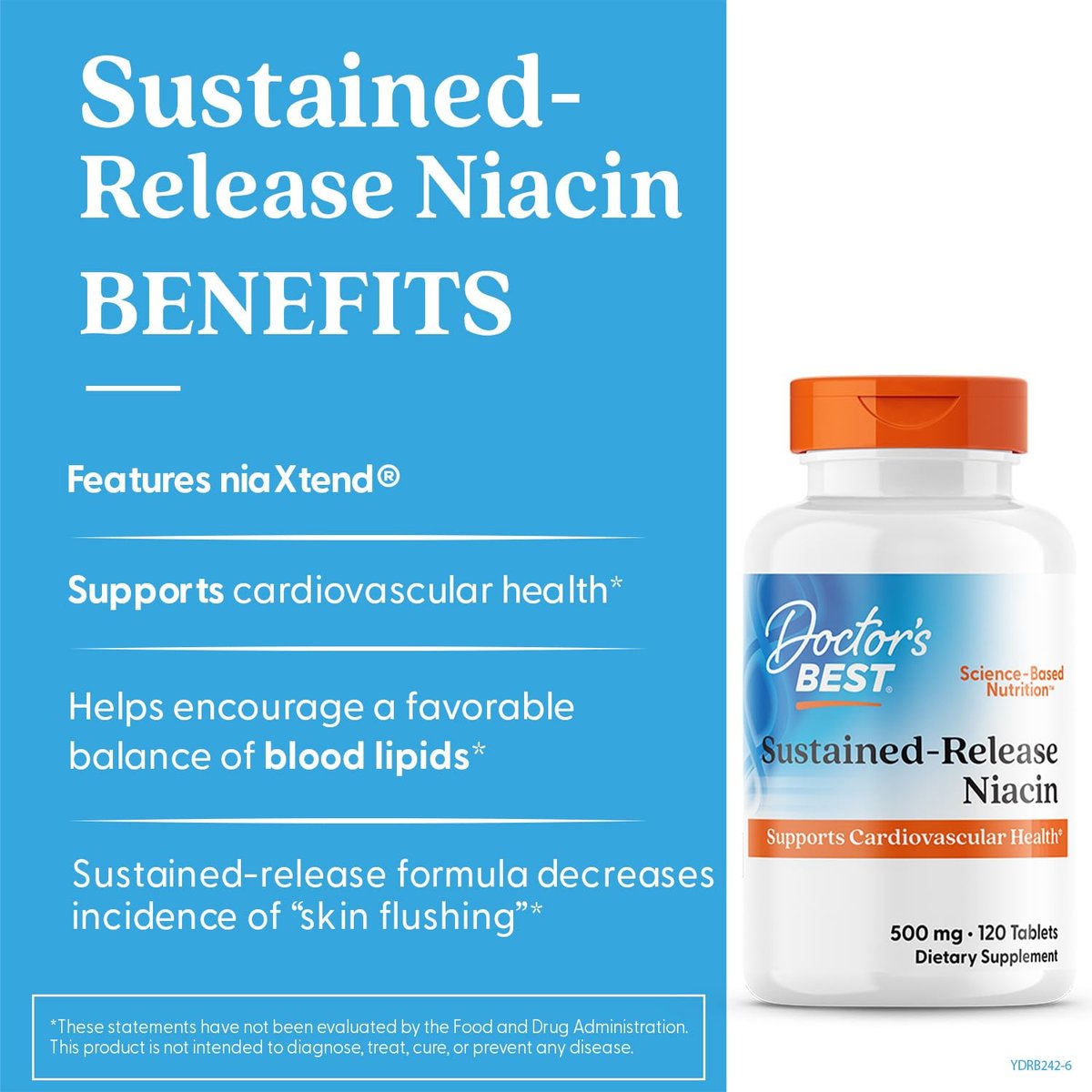 Doctor's Best Niacin 500 mg Extended Release – Nahrungsergänzung für Männer & Frauen – Minimiert Hautrötung, Niacin als Nicotinsäure 500 mg, Unterstützung der Herz-Kreislauf-Gesundheit, Glutenfrei, Vegan, Non-GMO – 120 Tabletten