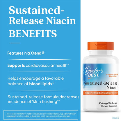Doctor's Best Niacin 500 mg Extended Release – Nahrungsergänzung für Männer & Frauen – Minimiert Hautrötung, Niacin als Nicotinsäure 500 mg, Unterstützung der Herz-Kreislauf-Gesundheit, Glutenfrei, Vegan, Non-GMO – 120 Tabletten