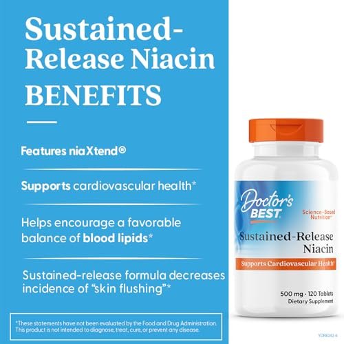 Doctor's Best Niacin 500 mg Extended Release – Nahrungsergänzung für Männer & Frauen – Minimiert Hautrötung, Niacin als Nicotinsäure 500 mg, Unterstützung der Herz-Kreislauf-Gesundheit, Glutenfrei, Vegan, Non-GMO – 120 Tabletten