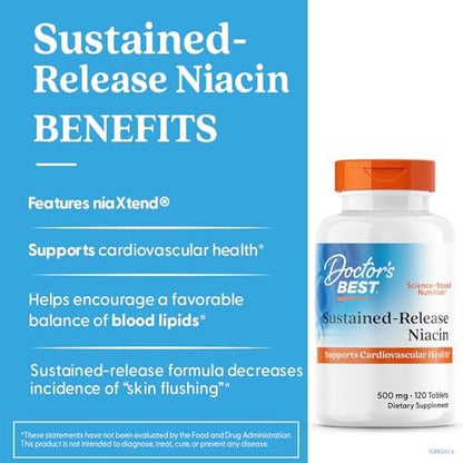 Doctor's Best Niacin 500 mg Extended Release – Nahrungsergänzung für Männer & Frauen – Minimiert Hautrötung, Niacin als Nicotinsäure 500 mg, Unterstützung der Herz-Kreislauf-Gesundheit, Glutenfrei, Vegan, Non-GMO – 120 Tabletten