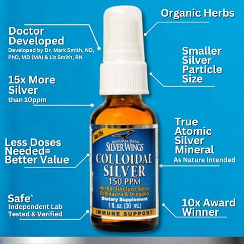 Natural Path Silver Wings Kolloidales Silber 150ppm (750mcg) mit Echinacea & Oregano – Immununterstützung, 30 ml Spray