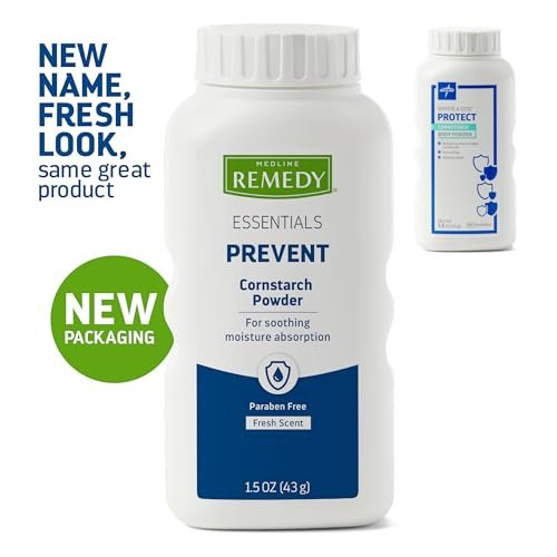 Medline Remedy Essentials Maisstärke-Puder (1,5 oz Flasche) – Frischer Duft, Talkumfrei, Reisegröße, Hautpflege, absorbiert Schweiß, beruhigt, reduziert Reibung & Scheuern – für Erwachsene, Füße, Leisten
