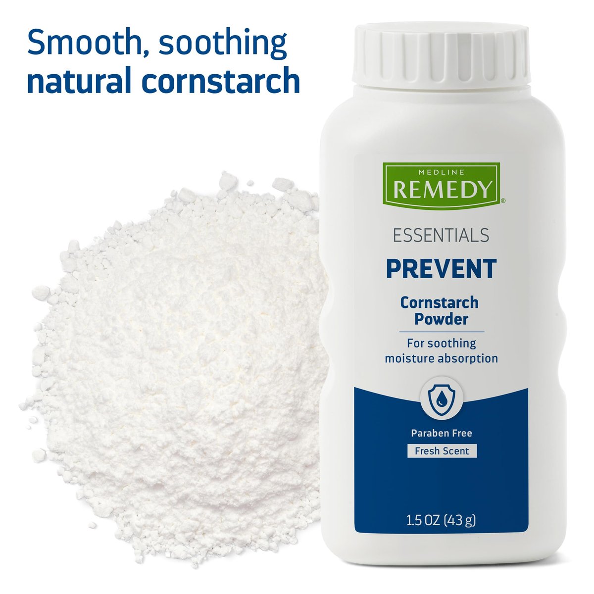 Medline Remedy Essentials Maisstärke-Puder (1,5 oz Flasche) – Frischer Duft, Talkumfrei, Reisegröße, Hautpflege, absorbiert Schweiß, beruhigt, reduziert Reibung & Scheuern – für Erwachsene, Füße, Leisten
