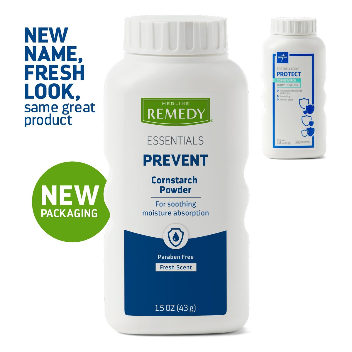 Medline Remedy Essentials Maisstärke-Puder (1,5 oz Flasche) – Frischer Duft, Talkumfrei, Reisegröße, Hautpflege, absorbiert Schweiß, beruhigt, reduziert Reibung & Scheuern – für Erwachsene, Füße, Leisten