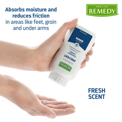 Medline Remedy Essentials Maisstärke-Puder (1,5 oz Flasche) – Frischer Duft, Talkumfrei, Reisegröße, Hautpflege, absorbiert Schweiß, beruhigt, reduziert Reibung & Scheuern – für Erwachsene, Füße, Leisten
