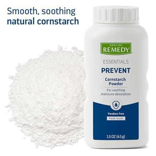 Medline Remedy Essentials Maisstärke-Puder (1,5 oz Flasche) – Frischer Duft, Talkumfrei, Reisegröße, Hautpflege, absorbiert Schweiß, beruhigt, reduziert Reibung & Scheuern – für Erwachsene, Füße, Leisten