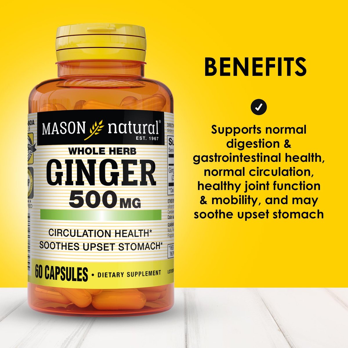 MASON NATURAL Ganze Kräuter-Ingwer 500 mg, 2-Monats-Versorgung, natürliches Kräuterergänzungsmittel, 60 Kapseln