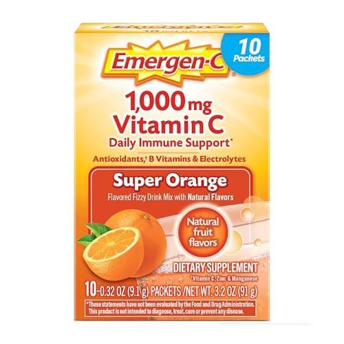 Emergen-C 1000 mg Vitamin C Pulver – Tägliche Immununterstützung, Koffeinfrei, mit Zink, Mangan, B-Vitaminen und Elektrolyten, Super Orange Geschmack – 10 Beutel
