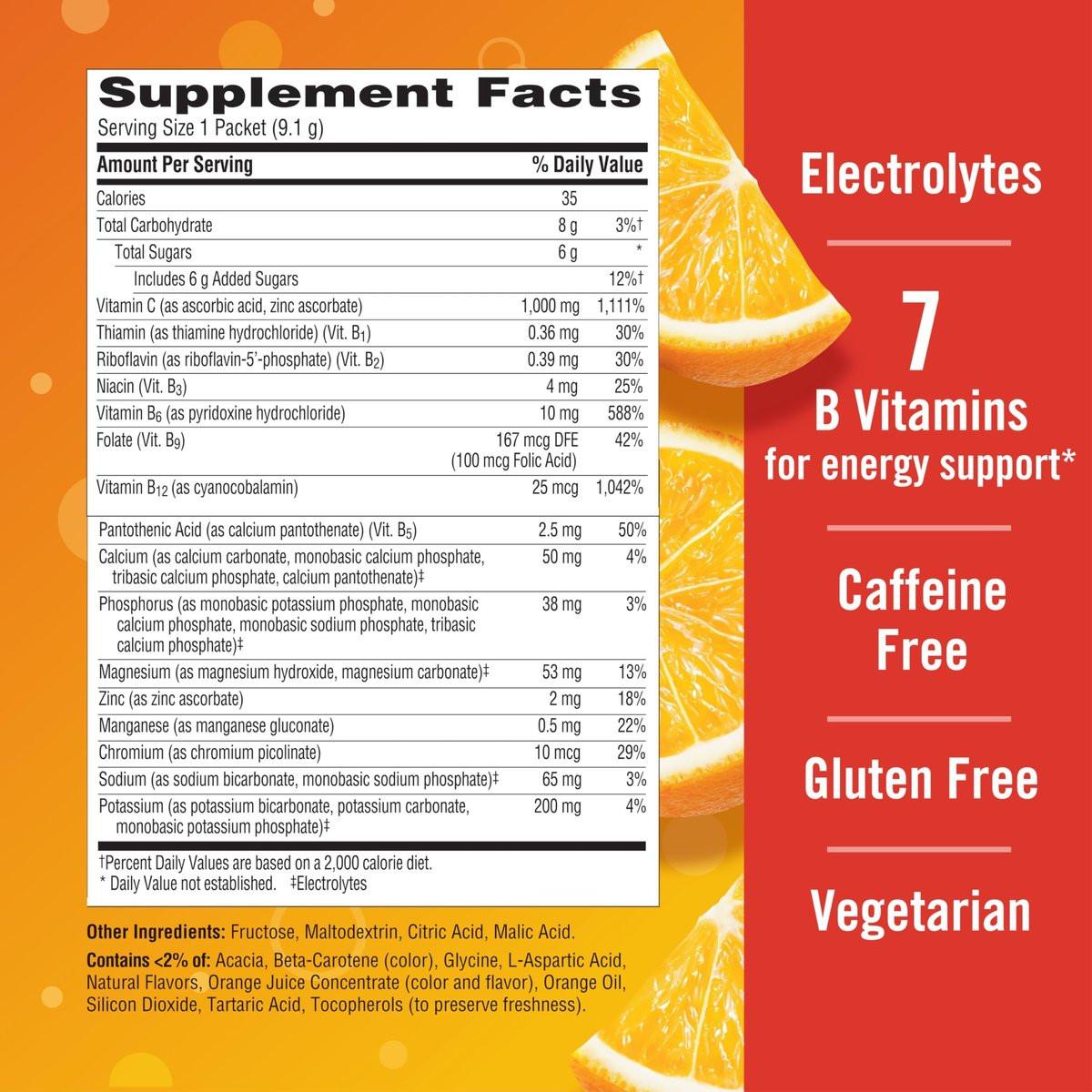 Emergen-C 1000 mg Vitamin C Pulver – Tägliche Immununterstützung, Koffeinfrei, mit Zink, Mangan, B-Vitaminen und Elektrolyten, Super Orange Geschmack – 10 Beutel
