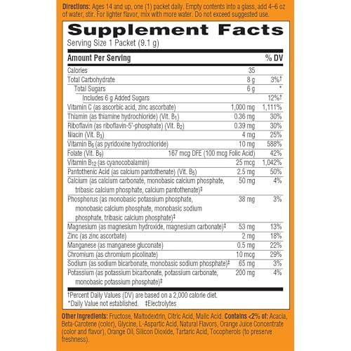 Emergen-C 1000 mg Vitamin C Pulver – Tägliche Immununterstützung, Koffeinfrei, mit Zink, Mangan, B-Vitaminen und Elektrolyten, Super Orange Geschmack – 10 Beutel
