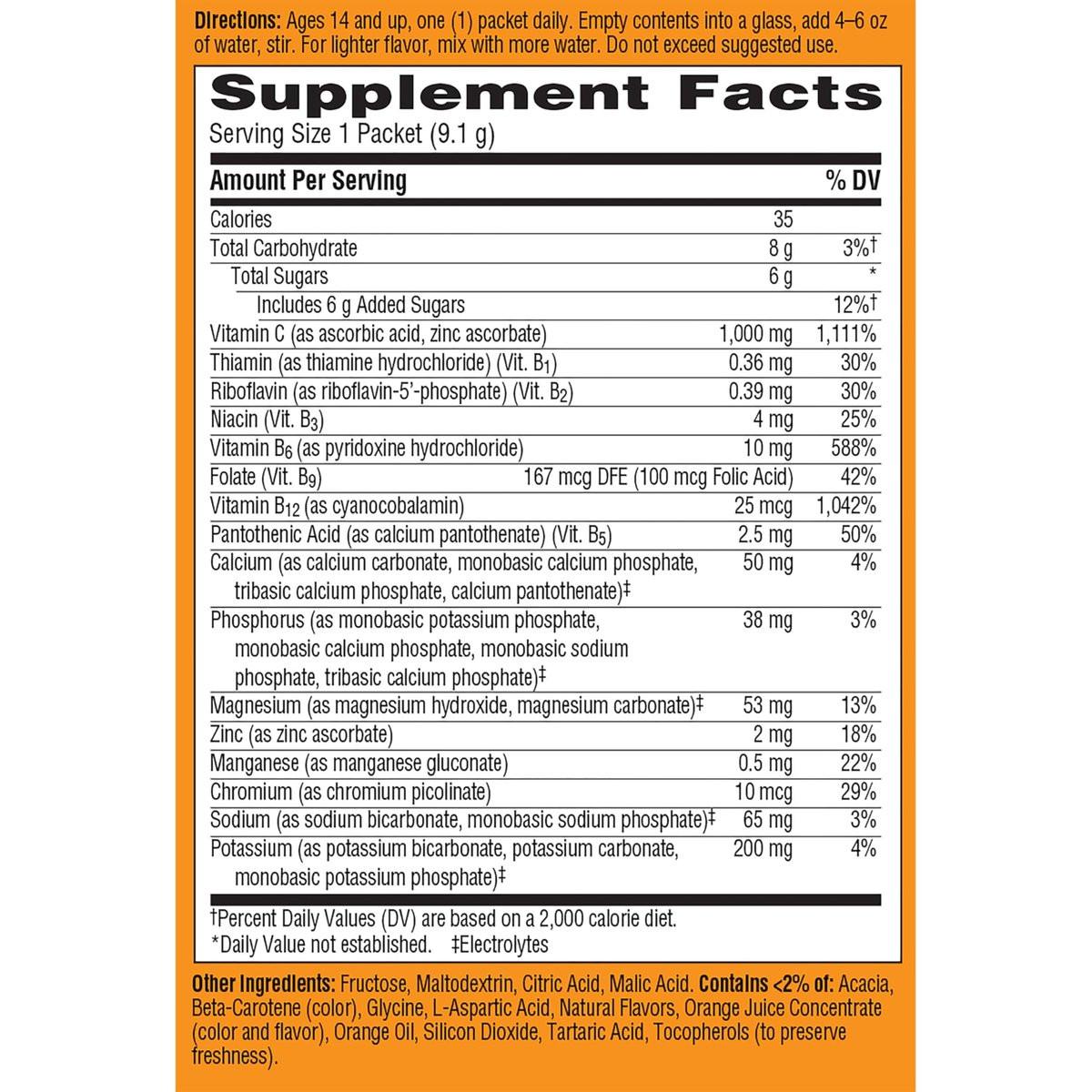 Emergen-C 1000 mg Vitamin C Pulver – Tägliche Immununterstützung, Koffeinfrei, mit Zink, Mangan, B-Vitaminen und Elektrolyten, Super Orange Geschmack – 10 Beutel