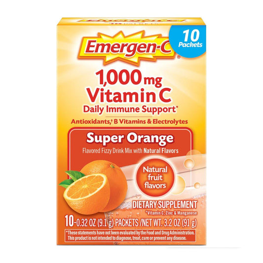 Emergen-C 1000 mg Vitamin C Pulver – Tägliche Immununterstützung, Koffeinfrei, mit Zink, Mangan, B-Vitaminen und Elektrolyten, Super Orange Geschmack – 10 Beutel