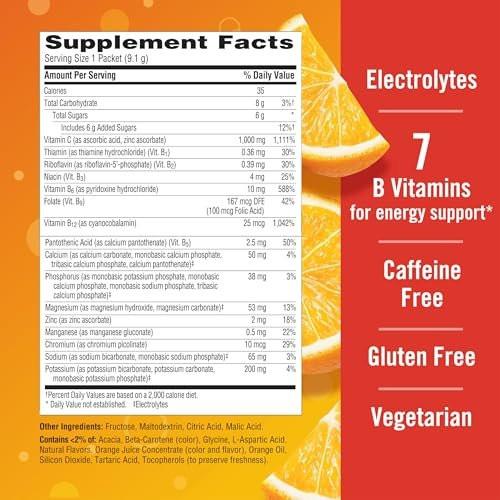 Emergen-C 1000 mg Vitamin C Pulver – Tägliche Immununterstützung, Koffeinfrei, mit Zink, Mangan, B-Vitaminen und Elektrolyten, Super Orange Geschmack – 10 Beutel