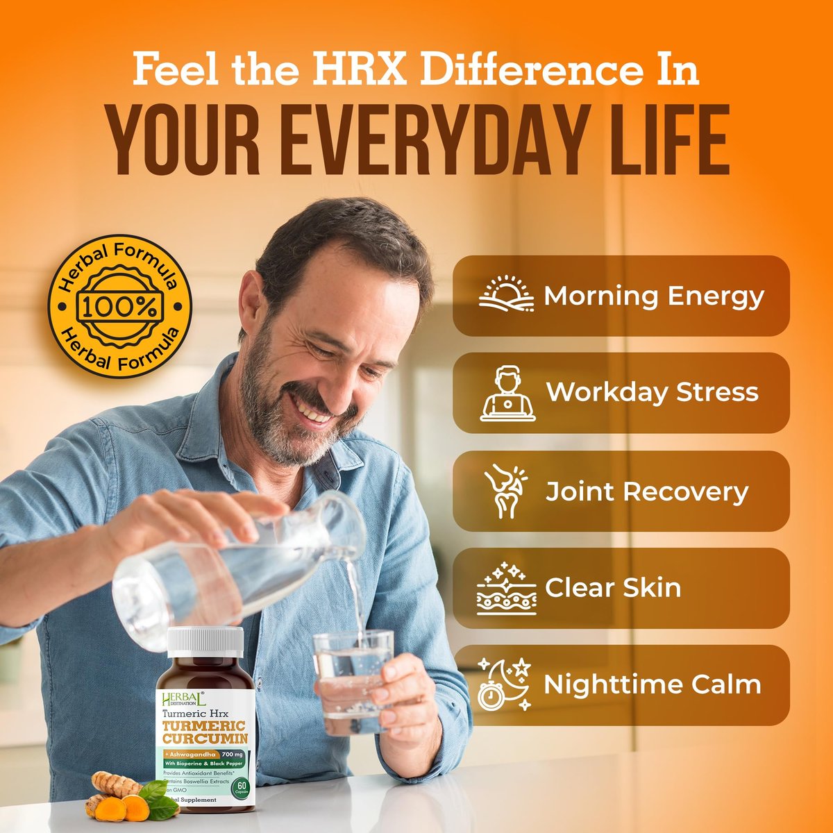 Herbal Destination Turmeric Supplement Hrx – Immunsystem-Unterstützung, Stoffwechsel-Booster, Gelenkpflege mit Curcumin, Boswellia, Curcuma & Schwarzem Pfeffer Extrakt – 60 Kapseln
