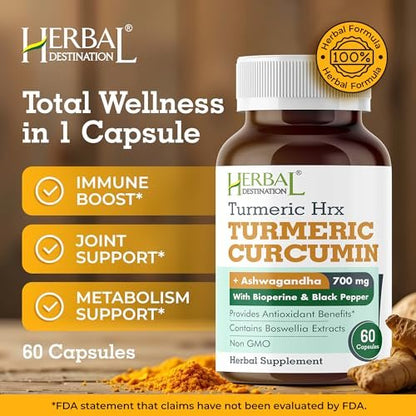 Herbal Destination Turmeric Supplement Hrx – Immunsystem-Unterstützung, Stoffwechsel-Booster, Gelenkpflege mit Curcumin, Boswellia, Curcuma & Schwarzem Pfeffer Extrakt – 60 Kapseln