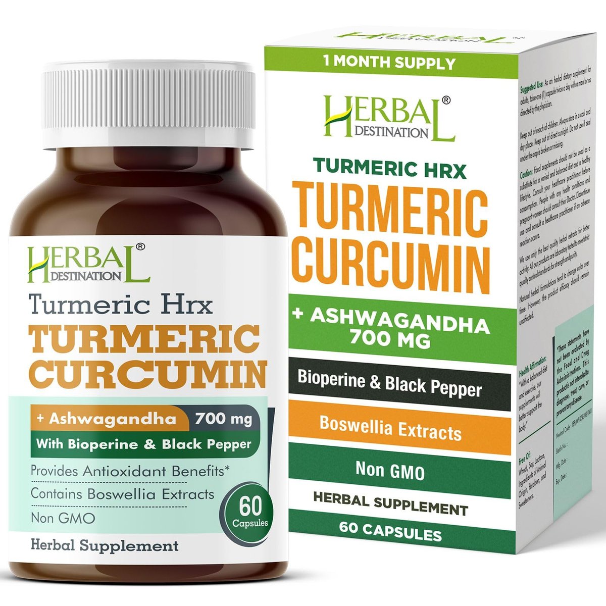 Herbal Destination Turmeric Supplement Hrx – Immunsystem-Unterstützung, Stoffwechsel-Booster, Gelenkpflege mit Curcumin, Boswellia, Curcuma & Schwarzem Pfeffer Extrakt – 60 Kapseln