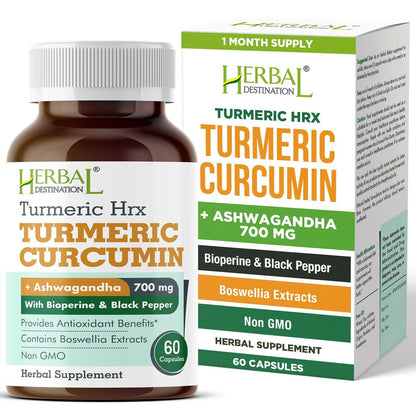 Herbal Destination Turmeric Supplement Hrx – Immunsystem-Unterstützung, Stoffwechsel-Booster, Gelenkpflege mit Curcumin, Boswellia, Curcuma & Schwarzem Pfeffer Extrakt – 60 Kapseln