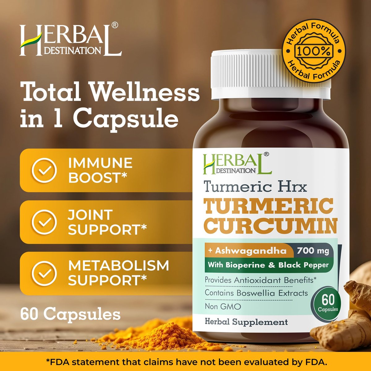 Herbal Destination Turmeric Supplement Hrx – Immunsystem-Unterstützung, Stoffwechsel-Booster, Gelenkpflege mit Curcumin, Boswellia, Curcuma & Schwarzem Pfeffer Extrakt – 60 Kapseln
