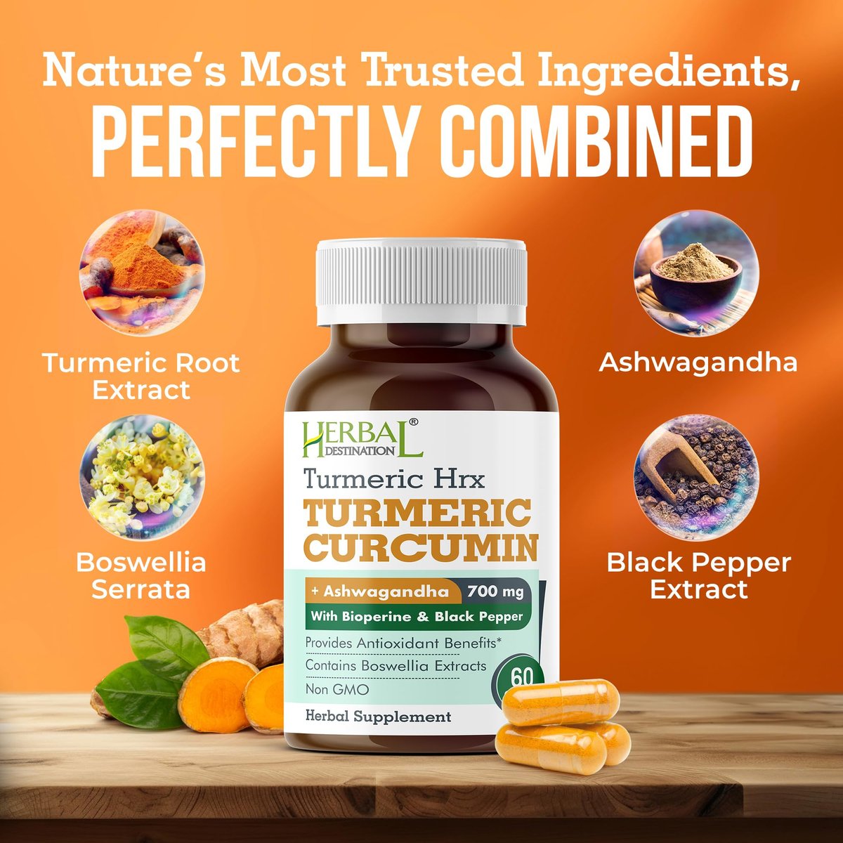 Herbal Destination Turmeric Supplement Hrx – Immunsystem-Unterstützung, Stoffwechsel-Booster, Gelenkpflege mit Curcumin, Boswellia, Curcuma & Schwarzem Pfeffer Extrakt – 60 Kapseln