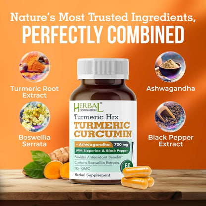 Herbal Destination Turmeric Supplement Hrx – Immunsystem-Unterstützung, Stoffwechsel-Booster, Gelenkpflege mit Curcumin, Boswellia, Curcuma & Schwarzem Pfeffer Extrakt – 60 Kapseln