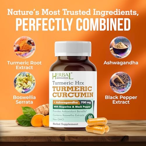 Herbal Destination Turmeric Supplement Hrx – Immunsystem-Unterstützung, Stoffwechsel-Booster, Gelenkpflege mit Curcumin, Boswellia, Curcuma & Schwarzem Pfeffer Extrakt – 60 Kapseln