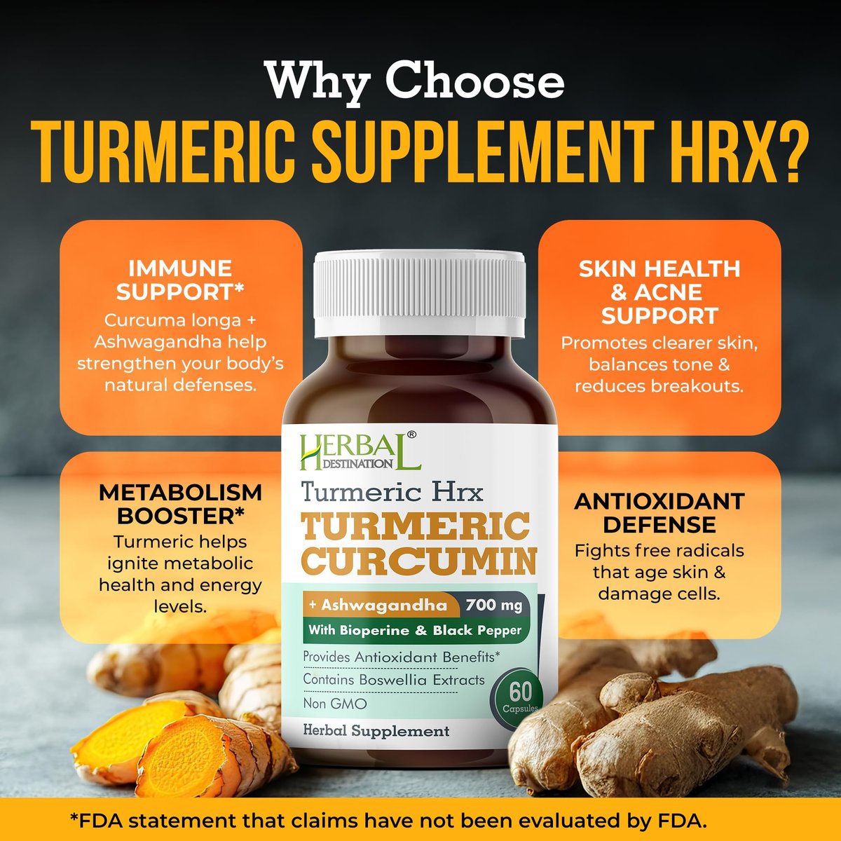 Herbal Destination Turmeric Supplement Hrx – Immunsystem-Unterstützung, Stoffwechsel-Booster, Gelenkpflege mit Curcumin, Boswellia, Curcuma & Schwarzem Pfeffer Extrakt – 60 Kapseln
