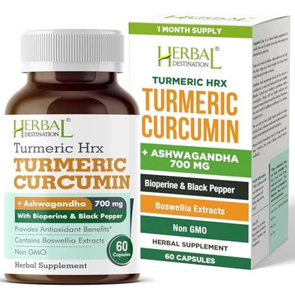 Herbal Destination Turmeric Supplement Hrx – Immunsystem-Unterstützung, Stoffwechsel-Booster, Gelenkpflege mit Curcumin, Boswellia, Curcuma & Schwarzem Pfeffer Extrakt – 60 Kapseln