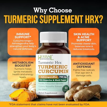 Herbal Destination Turmeric Supplement Hrx – Immunsystem-Unterstützung, Stoffwechsel-Booster, Gelenkpflege mit Curcumin, Boswellia, Curcuma & Schwarzem Pfeffer Extrakt – 60 Kapseln