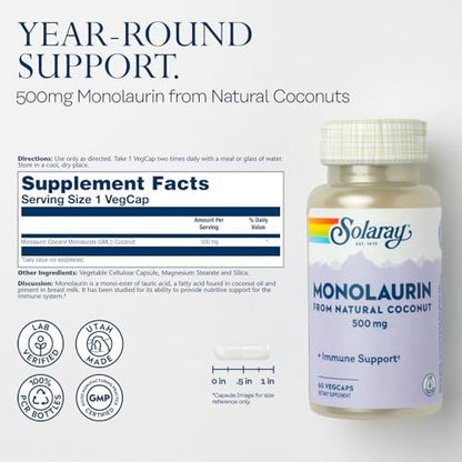 SOLARAY Monolaurin 500 mg – Monolaurin aus natürlichem Kokosnussöl – Nahrungsergänzungsmittel für kraftvolle Nährstoffunterstützung – Laborgeprüft – 60 vegane Kapseln