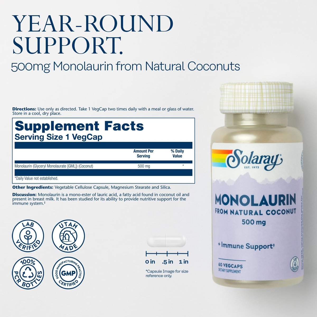 SOLARAY Monolaurin 500 mg – Monolaurin aus natürlichem Kokosnussöl – Nahrungsergänzungsmittel für kraftvolle Nährstoffunterstützung – Laborgeprüft – 60 vegane Kapseln