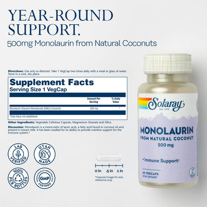SOLARAY Monolaurin 500 mg – Monolaurin aus natürlichem Kokosnussöl – Nahrungsergänzungsmittel für kraftvolle Nährstoffunterstützung – Laborgeprüft – 60 vegane Kapseln