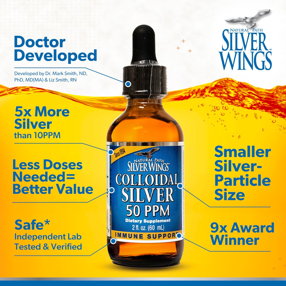Natural Path Silver Wings Kolloidales Silber 50ppm (250mcg) Immununterstützung 60 ml Tropfflasche