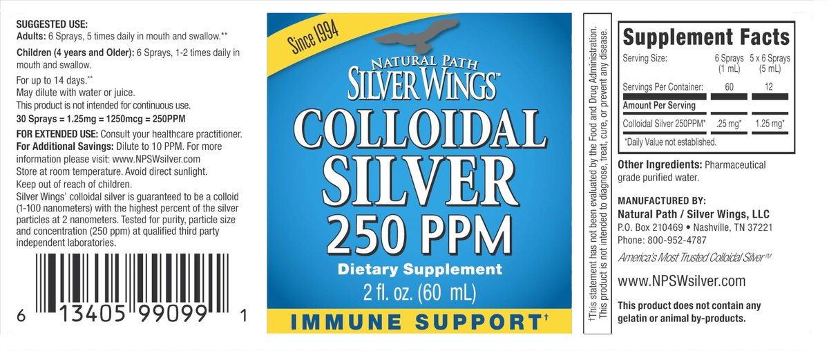 Natural Path Silver Wings Kolloidales Silber 250 ppm (1250 mcg) - 2 oz Sprühflasche - Immununterstützung