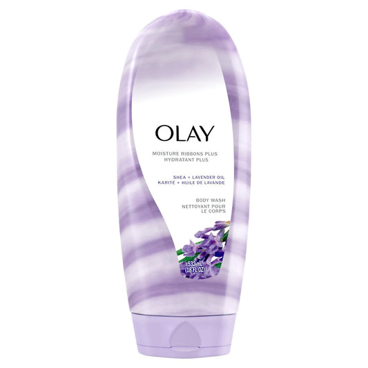 Olay Body Wash für Frauen, Feuchtigkeitsbänder Plus, Tiefenpflege & Feuchtigkeitsformel, Lang anhaltend geschmeidige Haut, Für alle Hauttypen, Duft nach Sheabutter & Lavendelöl, 532 ml