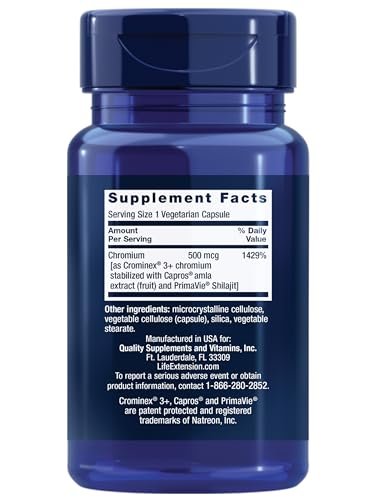 Life Extension Optimiertes Chrom mit Crominex 3+ 500 mcg – Stoffwechselgesundheit, gesunder Blutzuckerspiegel, vegetarisch, glutenfrei, nicht gentechnisch verändert, 60 Kapseln