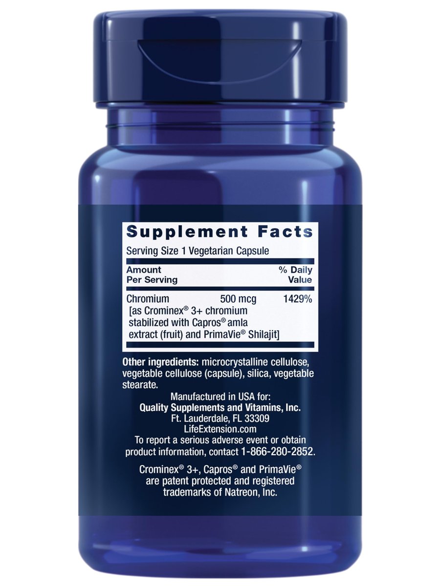 Life Extension Optimiertes Chrom mit Crominex 3+ 500 mcg – Stoffwechselgesundheit, gesunder Blutzuckerspiegel, vegetarisch, glutenfrei, nicht gentechnisch verändert, 60 Kapseln